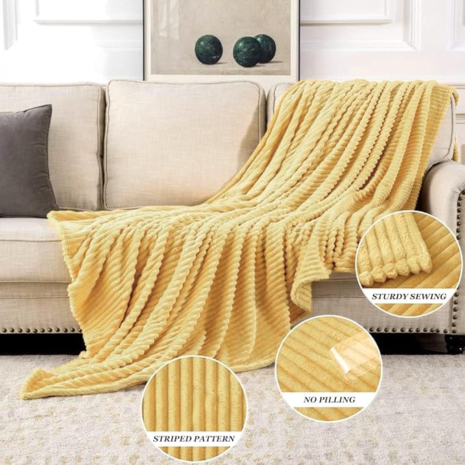 MIULEE Light Yellow Throw Blanket 3D Ribbed Jacquard Fleece Flannel Velvet Plush Decorative Bed Blanket (Throw, 50" x 60") - Super Soft, Lightweight, Warm and Cozy for Couch Sofa