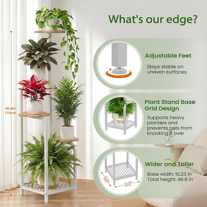 TOSKING 5 Tier Metal Anti-Tip Plant Stand indoor, Wide Base for Pots, Child and Pet Friendly ,Heavy Duty Plant Shelf , Corner Shelf, Flower Pot Stand for Multiple Plants, Indoor Plants Tiered Stand for Living Room Balcony Garden Patio Bedroom (White an...