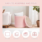 PINPLUS Round Storage Ottoman Foot Rest Stool with Tray Velvet Sherpa Folding Storage Ottoman,Boucle Foot Rest for Living Room, Bedroom, Dorm,Pink Color