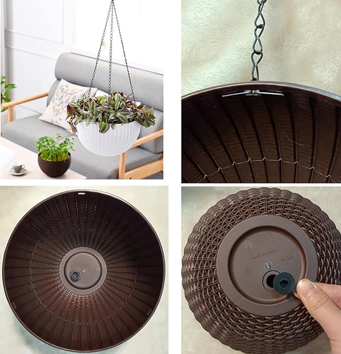 Hanging Basket Plastic Flower Pot Round Resin Garden Hanging Planter for Indoor Outdoor Plants 2 Pack Brown