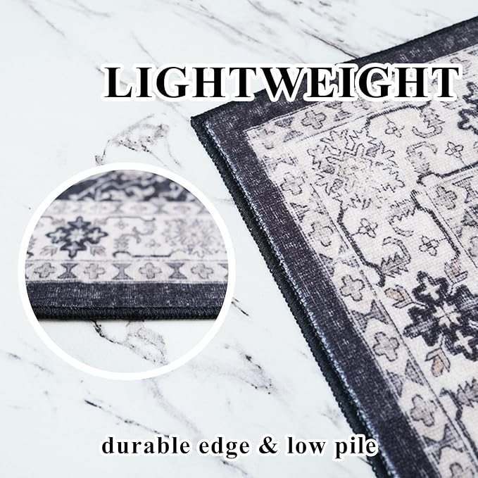 Washable 3x4 Entryway Area Rugs: Ultra Soft Low Pile Carpet for Kitchen Nursery Indoor Light-Weight Doormat Anti-Slip Thin Entry Rug for Living Room Bedroom Small Vintage Floor Mat(3x4,Black)