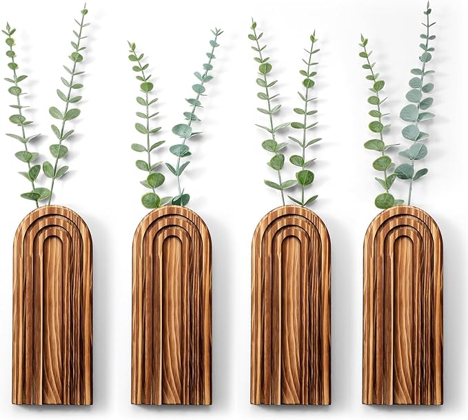 4 Pack Wall Planter Indoor Decor Plant Holders Boho Wood Hanging Vases for Modern Farmhouse Living Room Bedroom Rainbow Decor (Dark Brown)