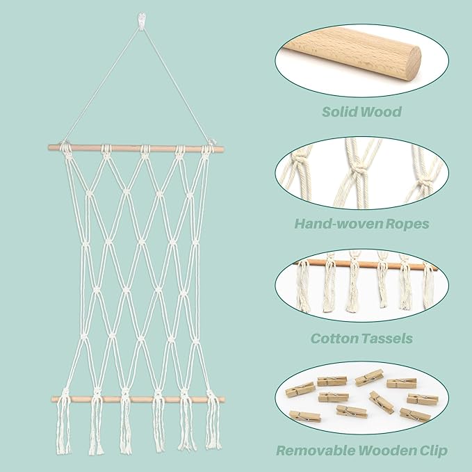 Hanging Photo Display Wall Decor Macrame Wall Hanging Boho Collage Picture Frames Decor for Dorm Bedroom Living Room Teen Girl Gifts-B