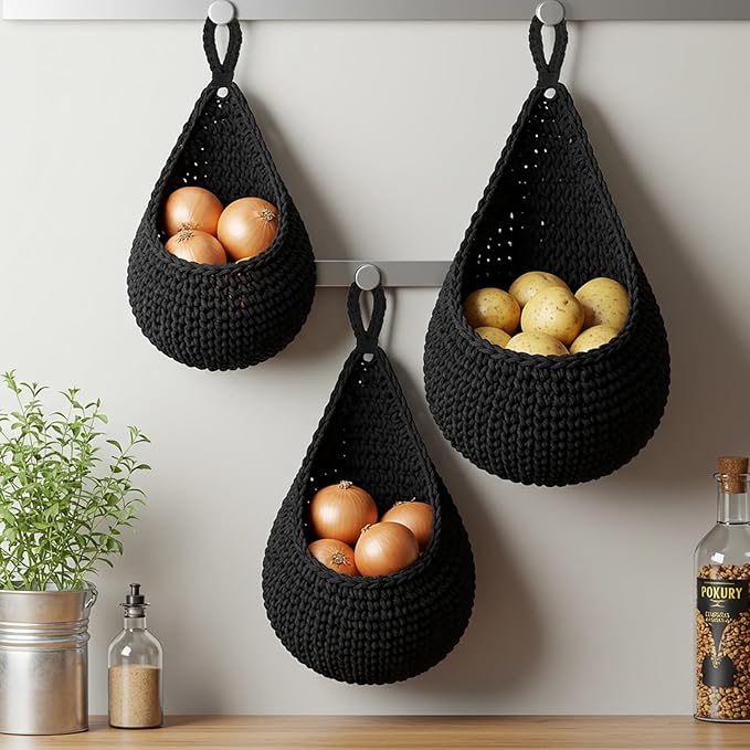 Honeydak Boho Decor Hanging Wall Baskets for Kitchen 3 Pack Teardrop Baskets with Hooks Storage Fruit Onion Vegetable Potato for Home 3 Sizes(Black,Teardrop,Cotton Rope)