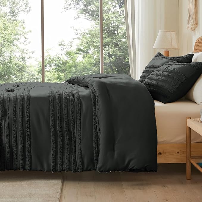 BEDELITE Boho King Size Comforter Set - Dark Grey Tufted Striped Bed Set 3 Pieces, Soft Vintage Farmhouse Comforter for All Seasons, Boho Home Decor,Fluffy Jacquard Bedding with Pillow Sham