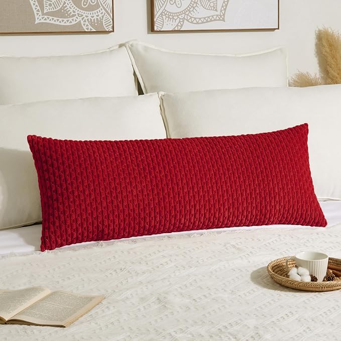 Kevin Textile Valentines 14x36 Inch Long Lumbar 1 Pack Boho Decorative Throw Pillow Cover Soft Striped Corduroy Rectangle Cushion Case Farmhouse Color Accent for Living Room Couch Sofa Bed, Red