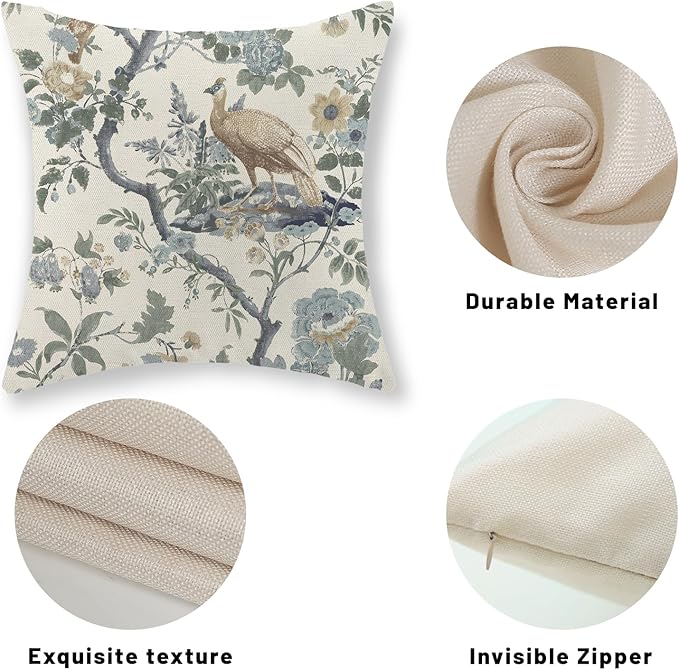 Chinoiserie Pillow Covers 18x18 Set of 2 Blue Bird Floral Throw Pillows Vintage Blue Green Flowers Decorations Outdoor Pillowcase Chinoiserie Decor Farmhouse Cushion Case for Couch Home