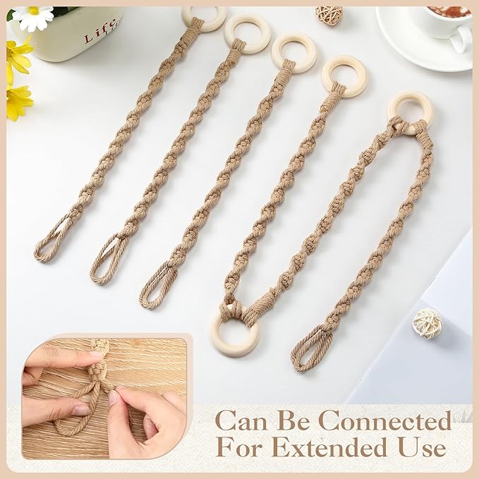 6 Pack Adjustable Macrame Plant Hanger Extender Handmade Woven Hanging Basket Extenders Connectable Rope Hanging Extension with Wooden Ring for Indoor Outdoor Plant Pot Holder(Brown)