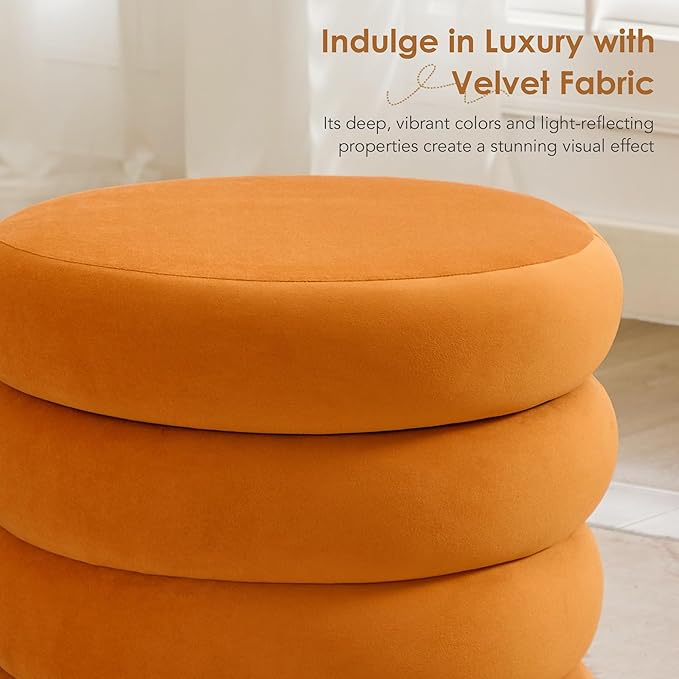 Flouki 19.5" Storage Ottoman Round, Vanity Stools for Bedroom, Velvet Pouf Ottoman with Removable Lid, Modern Ottoman Stool for Girls Women, Foot Stool for Living Room, Orange