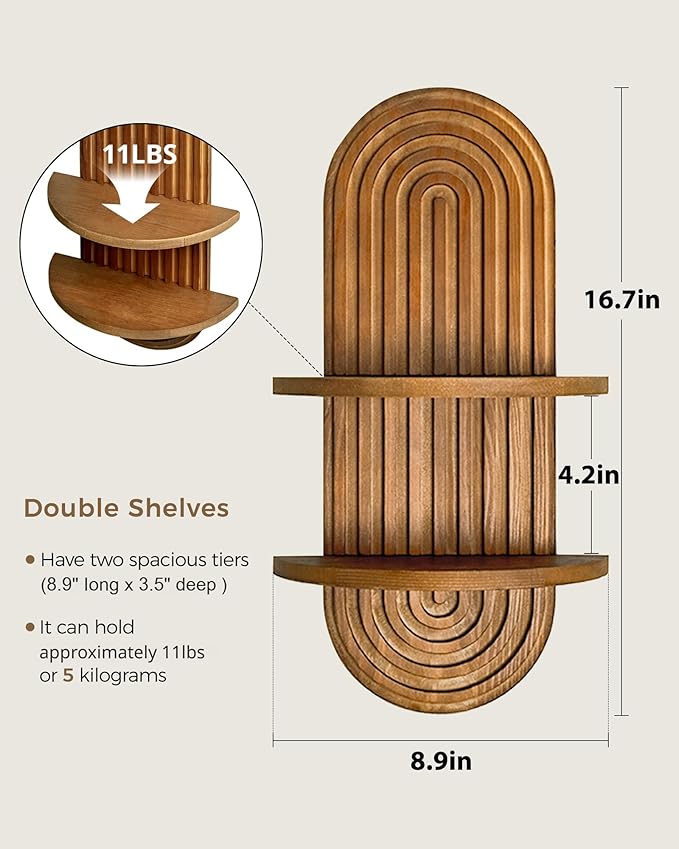Bamworld Boho Wall Decor Brown Plant Wall Shelf Mid Century Modern Decor Hanging Plant Shelf 16.7in 2 Tier Wooden Floating Shelves for Home Bathroom Bedroom Living Room Office Holding Planter