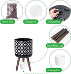 D'vine Dev 10 Inch Planter Pot with Stand, Mid-Century Tall Plant Pot with Legs for Indoor Plants, White/Black, 88-G-B-4