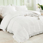 WONGS BEDDING White Queen Comforter Set,Boho Ruffle Comforter for Queen Bed,Soft Seersucker Shabby Chic Bedding Set with 1 Comforter,2 Tufted Pillowcases 90"×90"