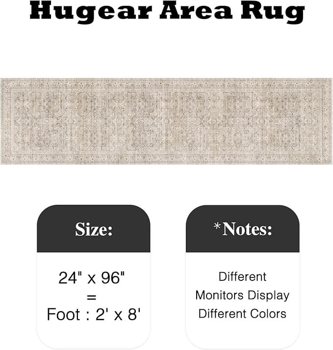 HUGEAR 2x8 Runner Rug Hallway Vintage Beige Machine Washable Retro Floral Low Pile Carpet Vacuumable Distressed Long Throw Rug Bedroom Office Bathroom Kitchen Laundry Non Slip Soft Lightweight