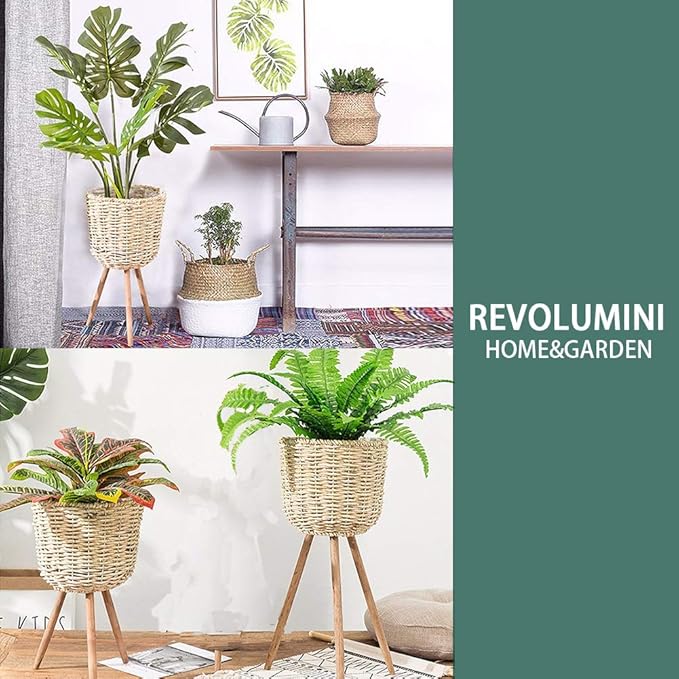 Mid-Century Modern Plant Stand，Unique Handmade Planter Stand Wood Flower Pot Holder， Indoor Plant Display Rack, Set of 2 (Beige)