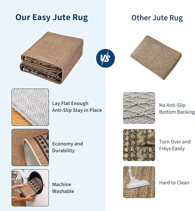 GarveeHome Easy Jute Rug 9x12 Washable Jute Rugs for Living Room, Non-Slip Outdoor Rug for Patio, Modern Indoor Solid Bordered Rugs for Dining Room Table Bedroom Patio Backyard Farmhouse, Brown