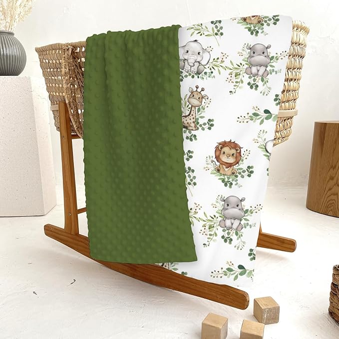 Cute Jungle Safari Animals Green Leaves Baby Blankets for Girl Boy Lion Giraffe Elephant Zebra Soft Mink Dotted Backing Double Layer Swaddle Blanket Bed Throw for Newborn Infant Toddler Nursery 30x40