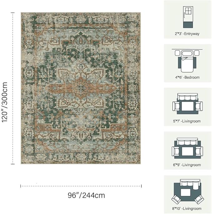 8x10 Area Rugs for Living Room Bedroom, Large Washable Rug, Green Vintage Retro Boho Rug, Non Slip & Low Pile Faux Wool Thin Carpet for Indoor Dining Room and Kids Room(Green/Brown 8x10ft)