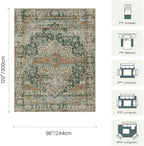 8x10 Area Rugs for Living Room Bedroom, Large Washable Rug, Green Vintage Retro Boho Rug, Non Slip & Low Pile Faux Wool Thin Carpet for Indoor Dining Room and Kids Room(Green/Brown 8x10ft)