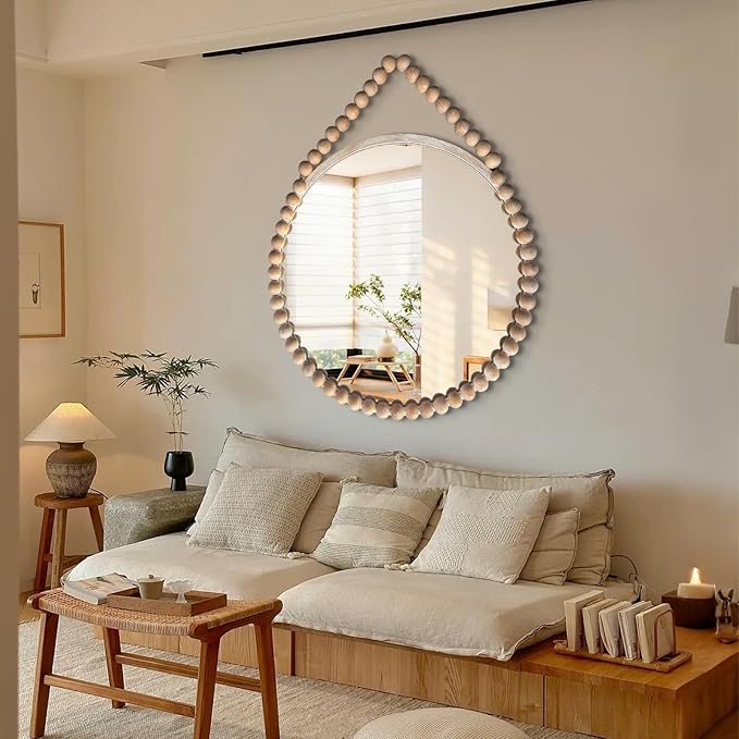 POZINO Wood Round Mirror, 36" Large Wooden Beaded Mirror, Farmhouse Hanging Country Rustic Mirrors with Rope, Spherical Frame Circle Mirrors for Bathroom Bedroom Living Room Hallway Entryway Fireplace