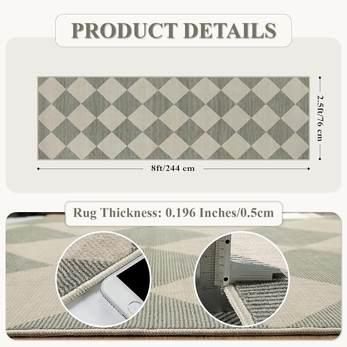 Beeiva Checkered Print Kitchen Runner Rugs Non Skid Washable 2.5x8, Ultra Thin Low Pile Green Runners for Hallways 8ft, Geometric Farmhouse Floor Carpet for Bedroom Entryway, Modern Plaid Home Decor