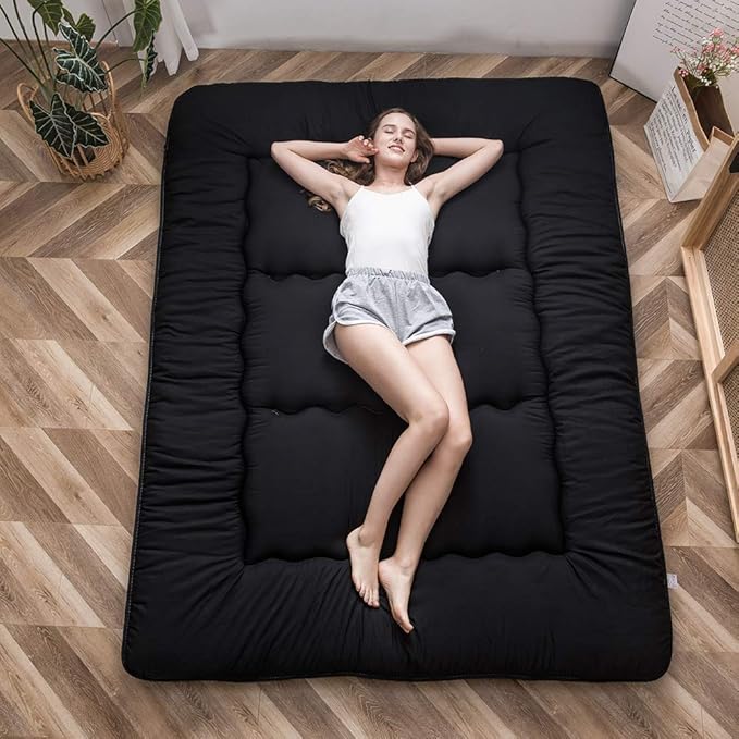 MAXYOYO Japanese Floor Mattress Futon Mattress, 4" Thicken Tatami Mat Sleeping Pad Foldable Roll Up Mat Boys Girls Dormitory Pad Kids Floor Lounger Pillow Bed, Black, Twin Size