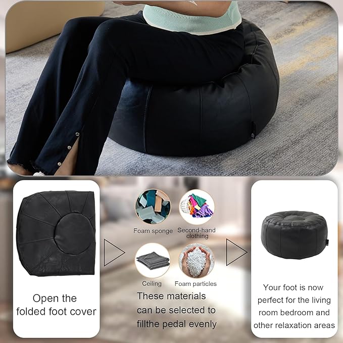 Louis Donné Unstuffed Pouf Ottoman Cover, Handmade Faux Leather Moroccan Pouf Ottoman Footstool, Floor Footrest Cushion, 21x12inch Black Storage Solution Poufs for Lving Room Gifts, ONLY Cover