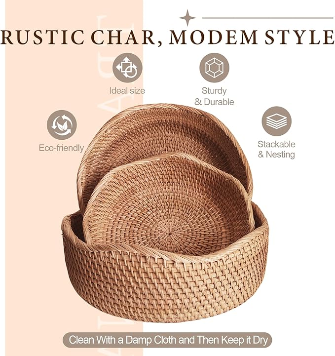 8.7" Wave Small Wicker Basket, Artisanal Rattan Fruit Basket, Key Bowl for Entryway Table, Decorative Bowl for Kitchen Counter, Bedside, Living Room, Natural Woven Fruit Bowl, Purse Bowl, Bread Basket