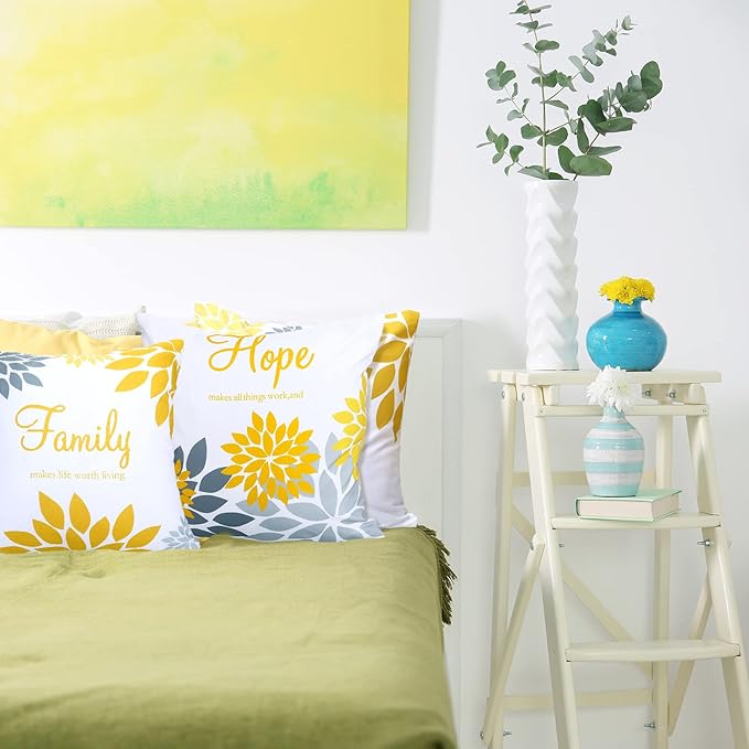 Tatuo 4 Pcs Flower Pillow Covers Square Spring Pillow Cushion Cases 18 x 18 Inch Family Faith Hope Love Words Decorative Summer Winter Cushion Case for Bed Couch Sofa Living Room(Yellow Silver Series)