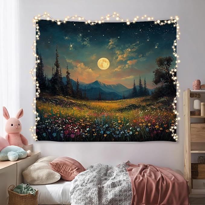 Moonlit Wildflower Forest Tapestry, Colorful Night Landscape Wall Tapestry Backdrop, Oil Painting Style Nature Scene Hanging Decor for Bedroom,Dorm, Studio and Aesthetic Home Space (Green-Moom)