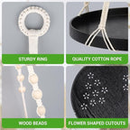SUREAM Indoor Hanging Planter Shelf, Black Macrame Plant Hanger, Handmade Cotton Plant Hangers with Wood Tray, Planter Flower Pots Holder for Window Wall Ceiling Home Porch Patio Decor