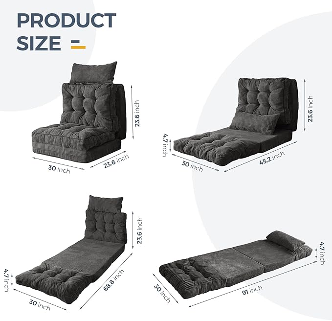 MAXYOYO Folding Sofa Bed, Tufted Bean Bag Bed with Pillows Floor Mattress for Adults, Extra Thick and Long Floor Sofa, Single Couch for Bedroom Living Room, Dark Grey, 30x91 Inch