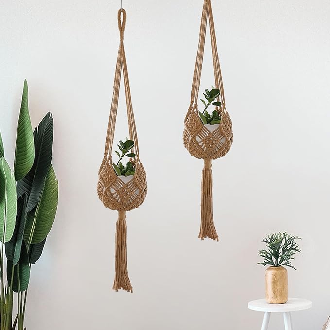2-Pack Macrame Plant Hangers, Jute Hanging Planters for Indoor Plants for up to 8 Inch Pot Hanging Baskets Boho Plant Holder Basket for Outdoor Home, Handwoven, 35 Inchs