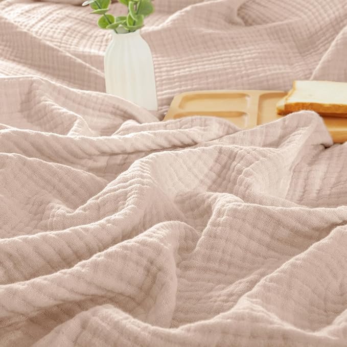 PHF 100% Cotton Muslin Blanket Twin XL Size 66"x90", 4-Layer Lightweight Gauze Throw, Breathable Cloud-Soft Minimalist Blanket for Bed, Couch, Camping & Baby, Dusty Pink, Ideal Gift
