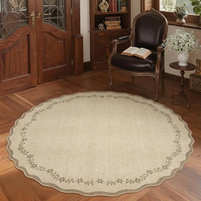 GarveeHome Round Area Rugs 5ft for Bedroom, Solid Jute Washable Circle Rug Soft Non Slip Floral Print Floor Mat Tan Carpet Indoor Thin Rug for Kids Room Dining Room Playroom Nursery
