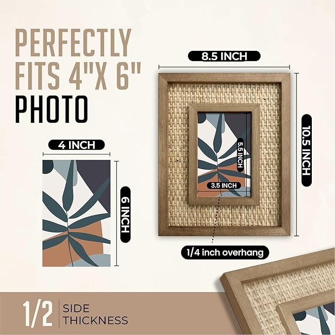 4x6 Picture Frame Handwoven Rattan (8.5"x10.5" Outer) - Fits 4"x6" Photos - Sawtooth Wall Hanger & Tabletop Stand - Natural Coastal Display