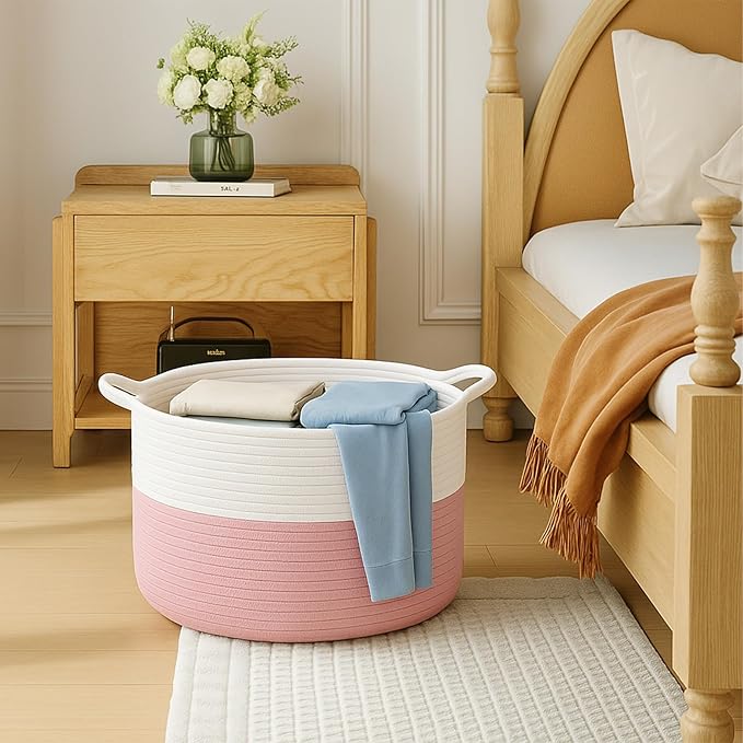 ShellKingdom Laundry Basket, Large Natural Rope Woven Storage Basket with Handles for Home, Living Room, Laundry, Storage Organizer for Blankets, Clothes, Toys, 13.78 x 21.65 INCH (2-Toned White Pink)