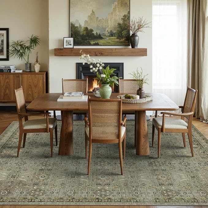5x7 Area Rugs for Living Room Bedroom, Washable Rug, Vintage Floral Boho Rug, Non Slip & Low Pile Faux Wool Thin Carpet for Indoor Dining Room and Kids Room(Olive Brown 5x7ft)