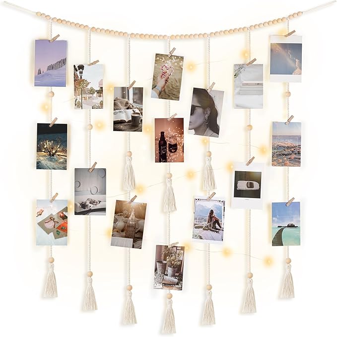 Mkono Macrame Hanging Photo Display Wall Decor with String Lights Boho Room Bedroom Wooden Beads Garland Picture Greeting Cards Holder with 45 Clips