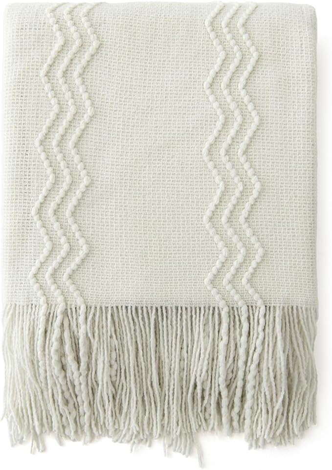 MIULEE Cream White Knitted Throw Blanket for Couch Textured Knit Blanket with Tassels Cozy Woven Boho Bed Blanket for Sofa Bed Chair Acrylic Wave Pattern 50"x60"