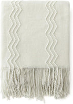 MIULEE Cream White Knitted Throw Blanket for Couch Textured Knit Blanket with Tassels Cozy Woven Boho Bed Blanket for Sofa Bed Chair Acrylic Wave Pattern 50"x60"