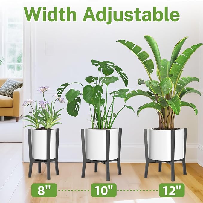 iDavosic.ly Adjustable Plant Pot Stand 2 Pack Indoor Outdoor, Metal Short Single Flower Holder Fits 8 to 12 Inch Large Heavy Duty Planter (Not Included) | Modern Black