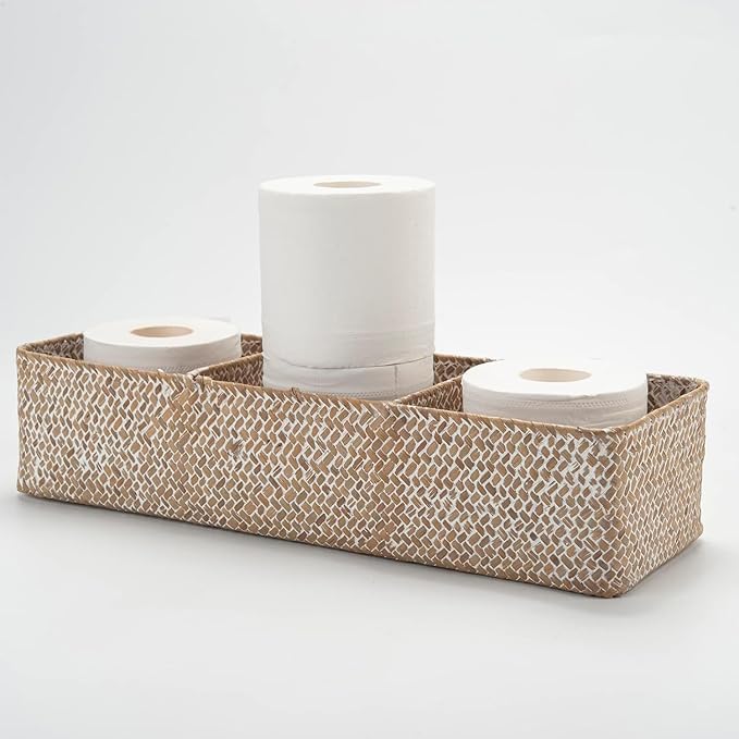 Seagrass Storage Basket for Bathroom, Wicker Toilet Basket Tank Topper, Woven Storage Box for Organizing (Whitewash, 16.5" x 5.5" x 3.5")
