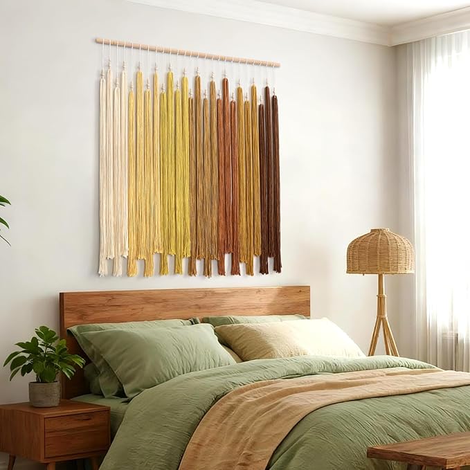 KHOYIME Macrame Wall Hanging Large Boho Home Decor Aesthetic, Bohemian Yellow Tassels Tapestry Modern Handmade Artwork Chic Wall Art Decorations for Dining Living Room Bedroom Nursery Office 38.5"x43"