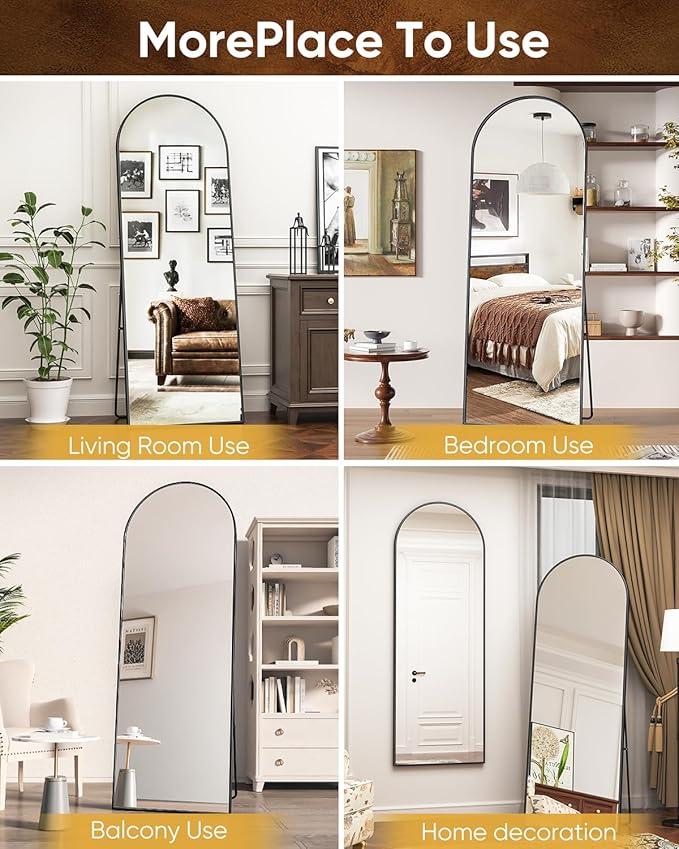Antok 65" x22” Arched Full Length Floor Mirror, Black Aluminum Frame, Free Standing/Wall Mount/Leaning for Bedroom, Living Room, Dressing Room