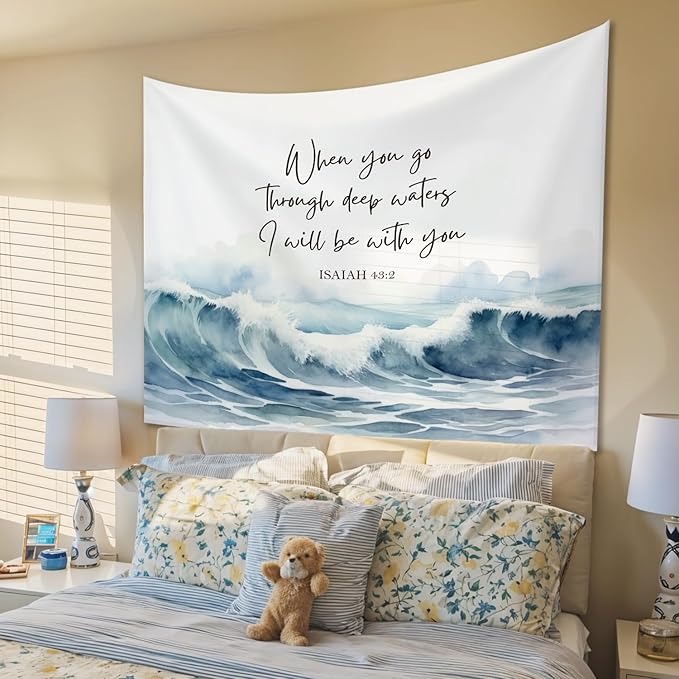 STHTTSW Christian Ocean Tapestry, When You Go Through Deep Waters Tapestries Wall Blanket, Religious Scripture Wall Hanging Decor for Church Prayer Room Home Office, 50x60 Inch