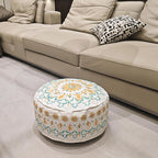 MOCOFO Round Bohemian Ottoman Pouf Cover, 18 Inch, Cotton Blend, Church Window Print, Living Room Storage Footrest, Cover Only (Light Tie-dye Cyan)