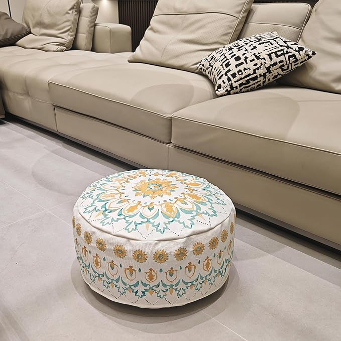 MOCOFO Round Bohemian Ottoman Pouf Cover, 18 Inch, Cotton Blend, Church Window Print, Living Room Storage Footrest, Cover Only (Light Tie-dye Cyan)