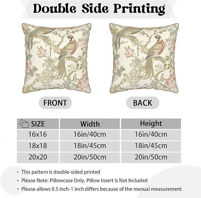 Vintage Cream Chinoiseriel Soft Velvet Throw Pillow Covers Set of 2 Bird Floral Flowers Leaves Decorative Pillow Covers 18x18 Inch Rustic Farmhouse Pillow Case For Sofa Couch Living Room Home Decor