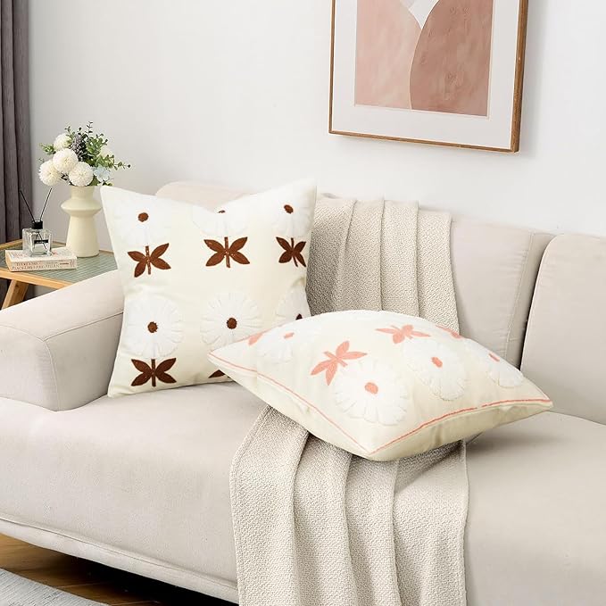 Merrycolor Boho Decorative Throw Pillow Covers 18x18 Embroidered Brown Flower Pillow Covers Textured Square Cushion Case Farmhouse Pillow Covers for Couch Bed,1PC, Beige