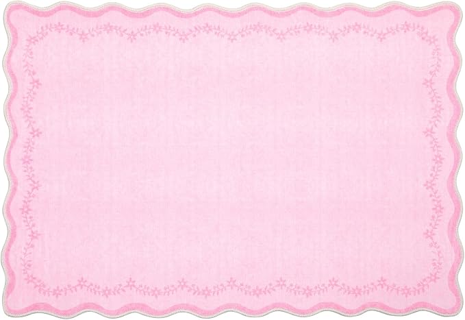 GarveeHome Scalloped Entryway Rug, 2x3 Valentines Solid Pink Washable Front Door Rug Indoor Entrance Floral Carpet Non-Slip Low Pile Throw Rugs for Kitchen, Powder Room, Entry, Bathroom, Kids Room